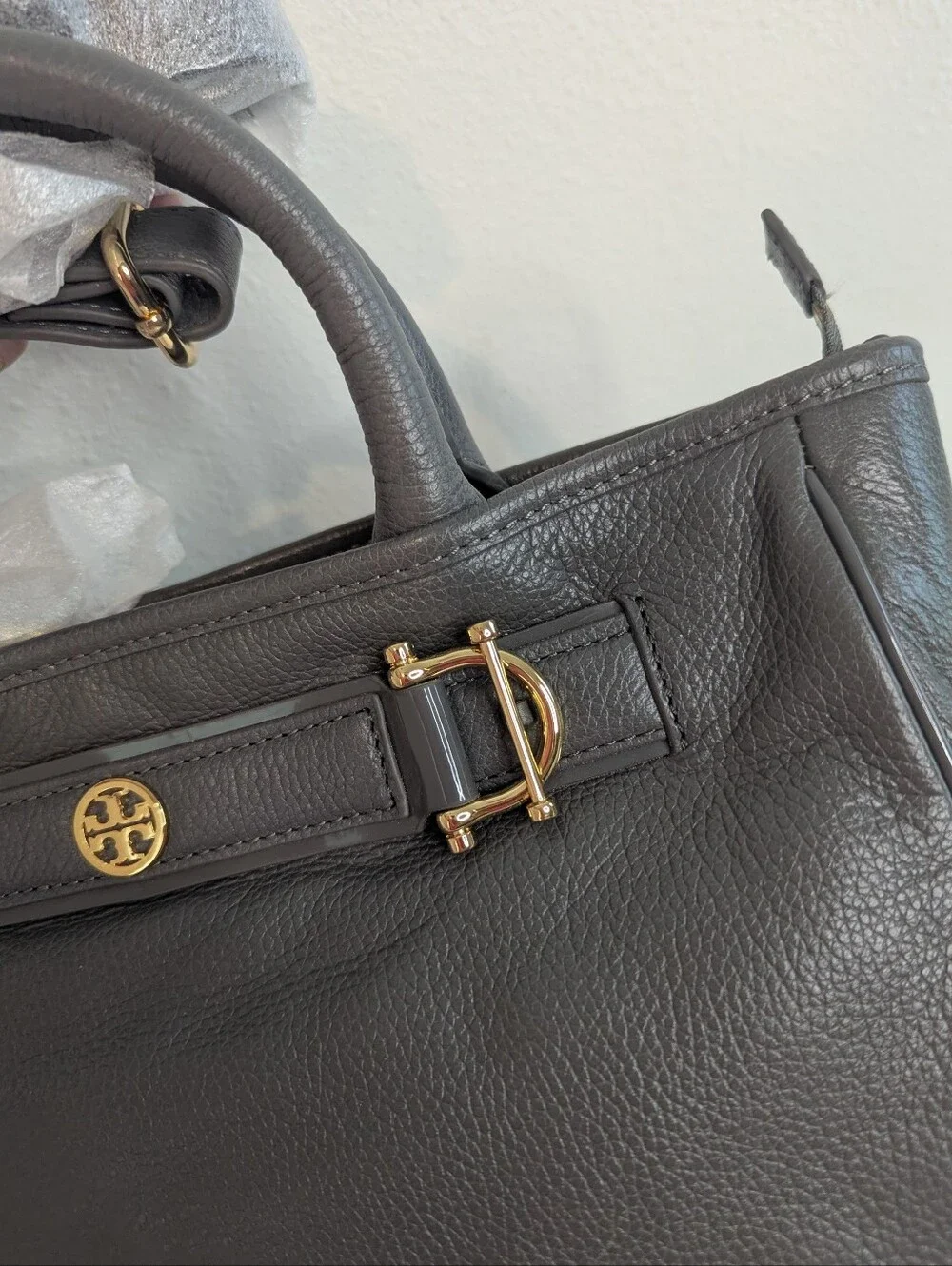 Authentic Tory Burch Horsebit Satchel - Elephant Grey Pebbled Leather